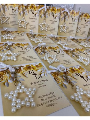 Siyah Lale Inci Yıldız Anahtarlık Bebek, Nikah, Söz, Nişan Hediyelik - 25 Adet