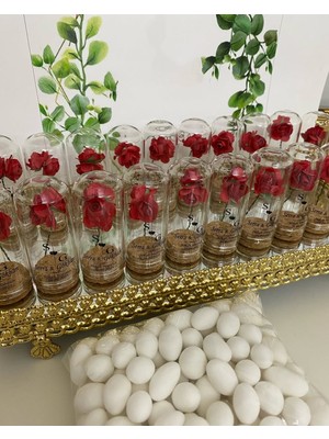 Siyah Lale Nikah Şekeri Cam Fanus Kırmızı Gül ve Fıstık Şekerli Nikah, Söz, Nişan Hediyelik - 25 Adet