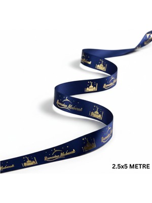 Roco Paper Co. Ramadan Mubarak Yazılı Hediye Paketleme Kurdelesi, Altın Varaklı Lacivert Saten Kurdele, 2.5cm x 5m