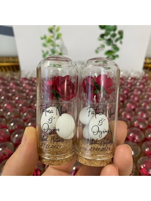 Siyah Lale Nikah Şekeri Cam Fanus Kırmızı Gül ve Fıstık Şekerli Nikah, Söz, Nişan Hediyelik - 25 Adet