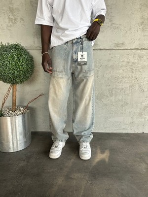 KağanKY Dikiş Detaylı Buz Mavi Yıkamalı Relax Baggy Jean