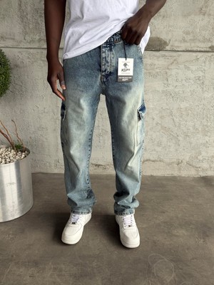 KağanKY Mavi Yıkamalı Kargo Cep Baggy Jean