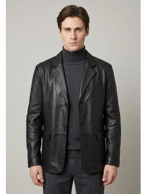 Felix Hardy Siyah Hakiki Kuzu Derisi Klasik Blazer Ceket