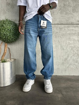 KağanKY Dikiş Detaylı Lacivert Taşlamalı Relax Baggy Jean
