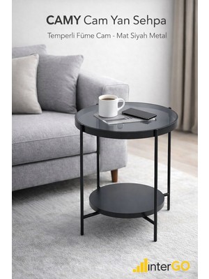 İntergo Camy Cam Yan Sehpa | Füme Cam-Siyah Mdf