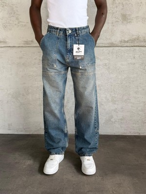 KağanKY Dikiş Detaylı Lacivert Yıkamalı Relax Baggy Jean
