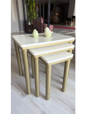 Akset 3lü Krem Bohem Zigon Sehpa Bronz