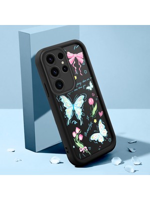 Ucuc Samsung Galaxy S23 Ultra Uyumlu Siyah Silikon Lens Koruma Şok Emici Esnek Kılıf Kelebek Desenli