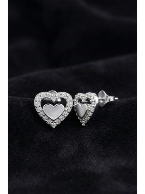 Erdobia 925 Ayar Gümüş Rodyum Renk Zirkon Taşlı Minimal Kalpli Çivili Küpe