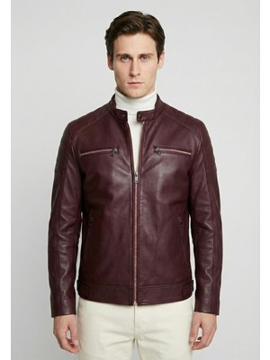 Felix Hardy Bordo Renk Hakiki Kuzu Derisi Tasarım Biker Ceket
