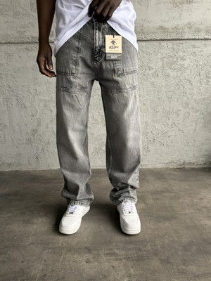 KağanKY Dikiş Detaylı Gri Taşlamalı Relax Baggy Jean