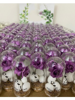 Siyah Lale Nikah Şekeri Cam Fanus Mor Gül ve Fıstık Şekerli Nikah, Söz, Nişan Hediyelik - 50 Adet