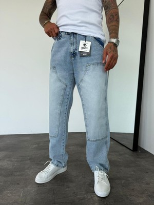 KağanKY Dikiş Detaylı Buz Mavi Relax Baggy Jean