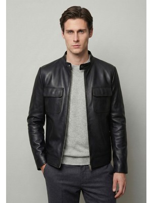 Felix Hardy Siyah Düz Çift Cepli Hakiki Kuzu Derisi Ceket