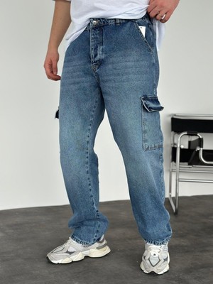 KağanKY Mavi Yıkamalı Kargo Cep Baggy Jean