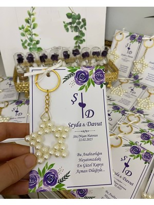 Siyah Lale Nikah Şekeri Inci Yıldız Anahtarlık Bebek, Nikah, Söz, Nişan Hediyelik - 50 Adet