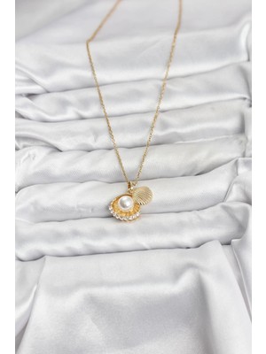 Lowell Home 316L Çelik Zincir Gold Renk Incili Deniz Kabuğu Model Zirkon Taşlı Kadın Kolye
