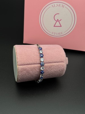 Alsem 925 Ayar Gümüş Kaplama Nazar Boncuklu Su Yolu Bileklik , Rodyum Asansörlü Nazar Bileklik