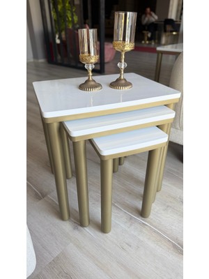 Akset 3lü Bohem Zigon Sehpa Beyaz Bronz