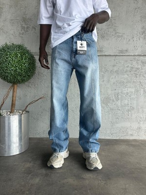 KağanKY Dikiş Detaylı Mavi Taşlamalı Relax Baggy Jean