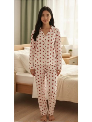 Pijamask Kadın Kalp Desenli Boydan Düğmeli Pijama Takım