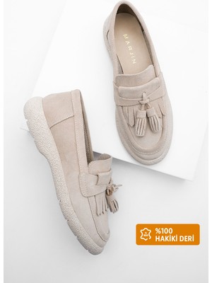 Marjin Kadın Hakiki Deri Loafer Günlük Ayakkabı Suma Bej Süet