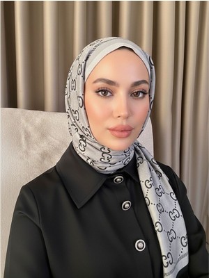 Sevimia Scarf G Desen Çift Taraflı Jakar Kaşmir Ipek Şal Siyah-Gri 4 Mevsim Kullanım