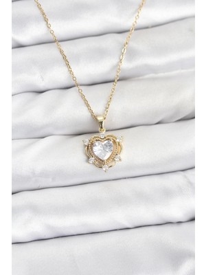 Lowell Home 316L Çelik Zincir Gold Renk Kalp Model Zirkon Taşlı Kadın Kolye