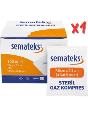 Semateks Steril Pamuklu Dokuma Gaz Kompres Gazlı Bez | 7,5cm x 7,5cm | 4 Katlı | 100'LÜ (5'li Zarf x 20) Klasik