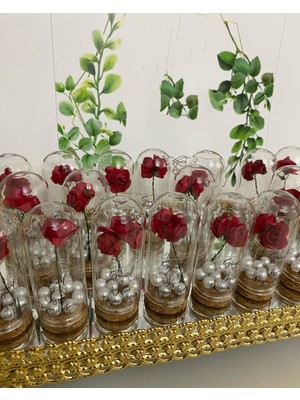 Siyah Lale Nikah Şekeri Cam Fanus Kırmızı Gül ve Incili Nikah, Söz, Nişan Hediyelik - 50 Adet