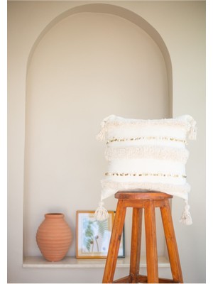 Bohemart Morocco Beyaz Keten Yastık Punch Altın Pullu El Yapımı