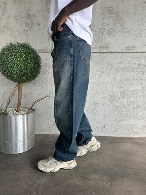 KağanKY Dikiş Detaylı Lacivert Yıkamalı Relax Baggy Jean