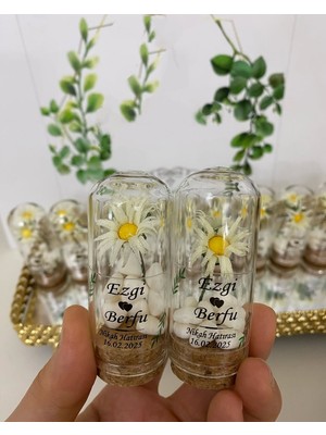 Siyah Lale Nikah Şekeri Cam Fanus Papatya Çiçek ve Kalp Şekerli Nikah, Söz, Nişan Hediyelik - 50 Adet