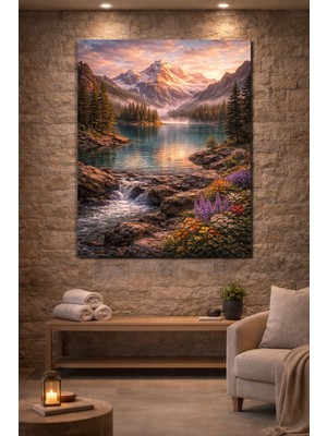 Artease Alp Dağı ve Çiçeklerle Gölet Kanvas Tablo