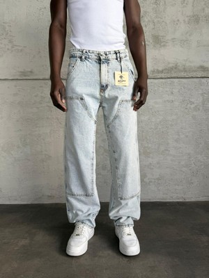 KağanKY Dikiş Detaylı Buz Mavi Relax Baggy Jean
