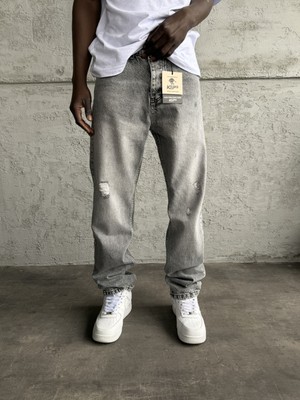 KağanKY Gri Taşlamalı Yırtıklı Baggy Jean