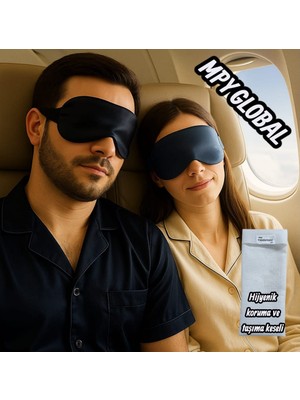 Mpy Global %100 Ipek Saten Uyku Maskesi ,göz Bandı, 2li Set, Uyku Bandı, Yoga Bandı Siyah-Lacivert