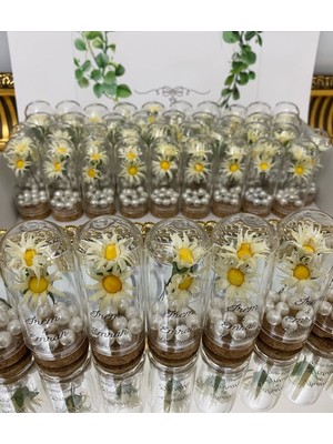 Siyah Lale Nikah Şekeri Cam Fanus Papatya Çiçek ve Incili Nikah, Söz, Nişan Hediyelik - 25 Adet