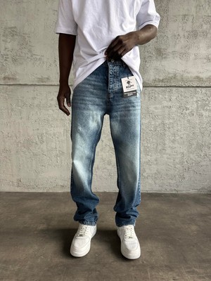 KağanKY Mavi Taşlamalı Lazer Detaylı Baggy Jean