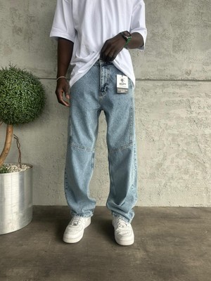KağanKY Dikiş Detaylı Mavi Kar Yıkama Relax Baggy Jean