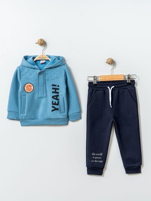 Bizizo Yeah! Baskılı Kapşonlu 9-24 Ay Takım - Mavi 9-12 Ay