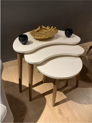 Akset 3lü Zigon Sehpa Krem Fasulye Gürgen Ayaklı Modern Tasarım 44 cm Derinlik 54 cm Yükseklik