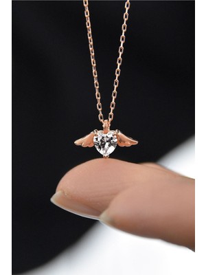 PremiumPort 925 Ayar Gümüş Rose Kaplama Kalp Kanat Kolye, Beyaz Taşlı, Şık ve Zarif