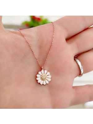 PremiumPort Mineli Papatya Gümüş Kolye, Rose Bakır Detaylı, Şık ve Zarif Takı