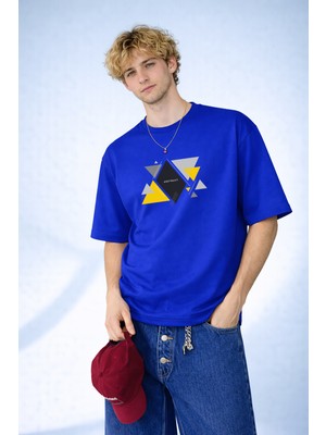 Caddekombin Erkek Abstract Yazılı Geometrik Üçgen Tasarım Bisiklet Yaka Saks Mavi T-Shirt