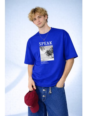 Caddekombin Erkek Speak Summer National Baskılı Palmiye Desenli Bisiklet Yaka Saks Mavi T-Shirt