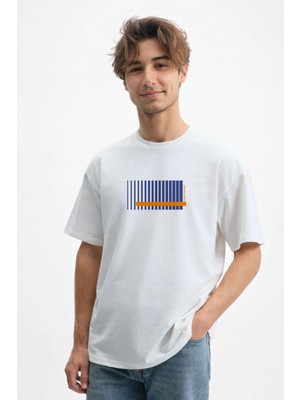 Caddekombin Erkek Cizgi Baskılı 100 Yüz Pamuk Bisiklet Yaka Beyaz T-Shirt
