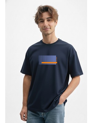 Caddekombin Erkek Cizgi Baskılı 100 Yüz Pamuk Bisiklet Yaka Lacivert T-Shirt