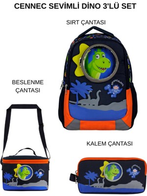Ümit Çanta Cennec Sevimli Dino Okul Çantası Seti – Sırt Çantası + Termal Beslenme Çantası + Kalem Çantası