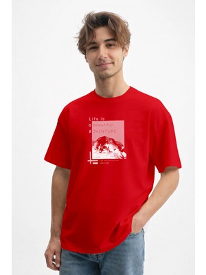 Caddekombin Erkek Özgür Ruh Dağ Silüeti Baskılı Bisiklet Yaka Kırmızı T-Shirt